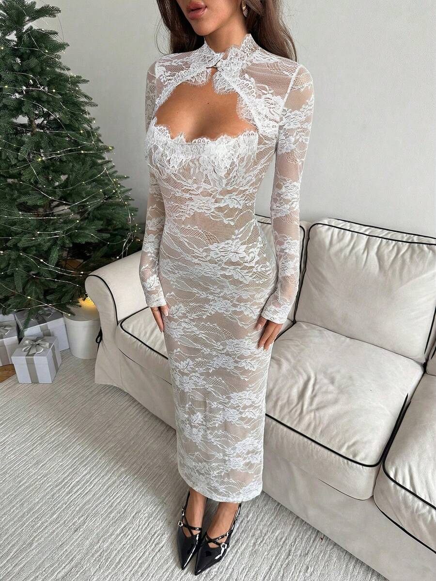 VELOURS - Long Sleeve Lace Bodycon Maxi Dress
