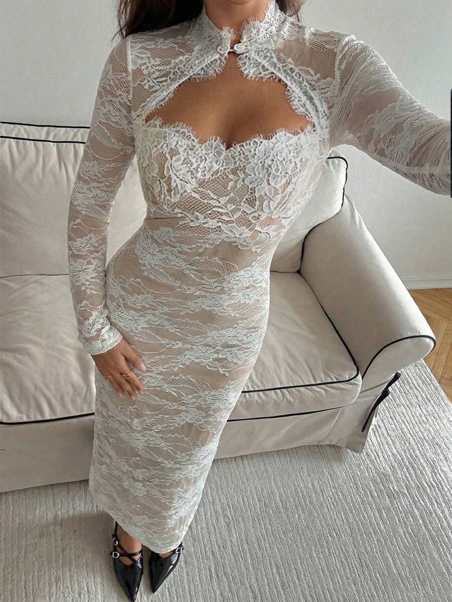 VELOURS - Long Sleeve Lace Bodycon Maxi Dress