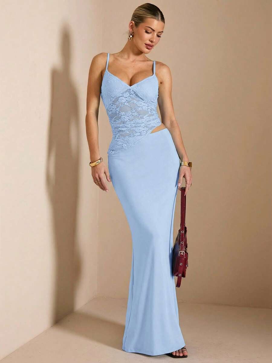 NARILA - Lace Panel Bodycon Maxi Dress Baby Blue