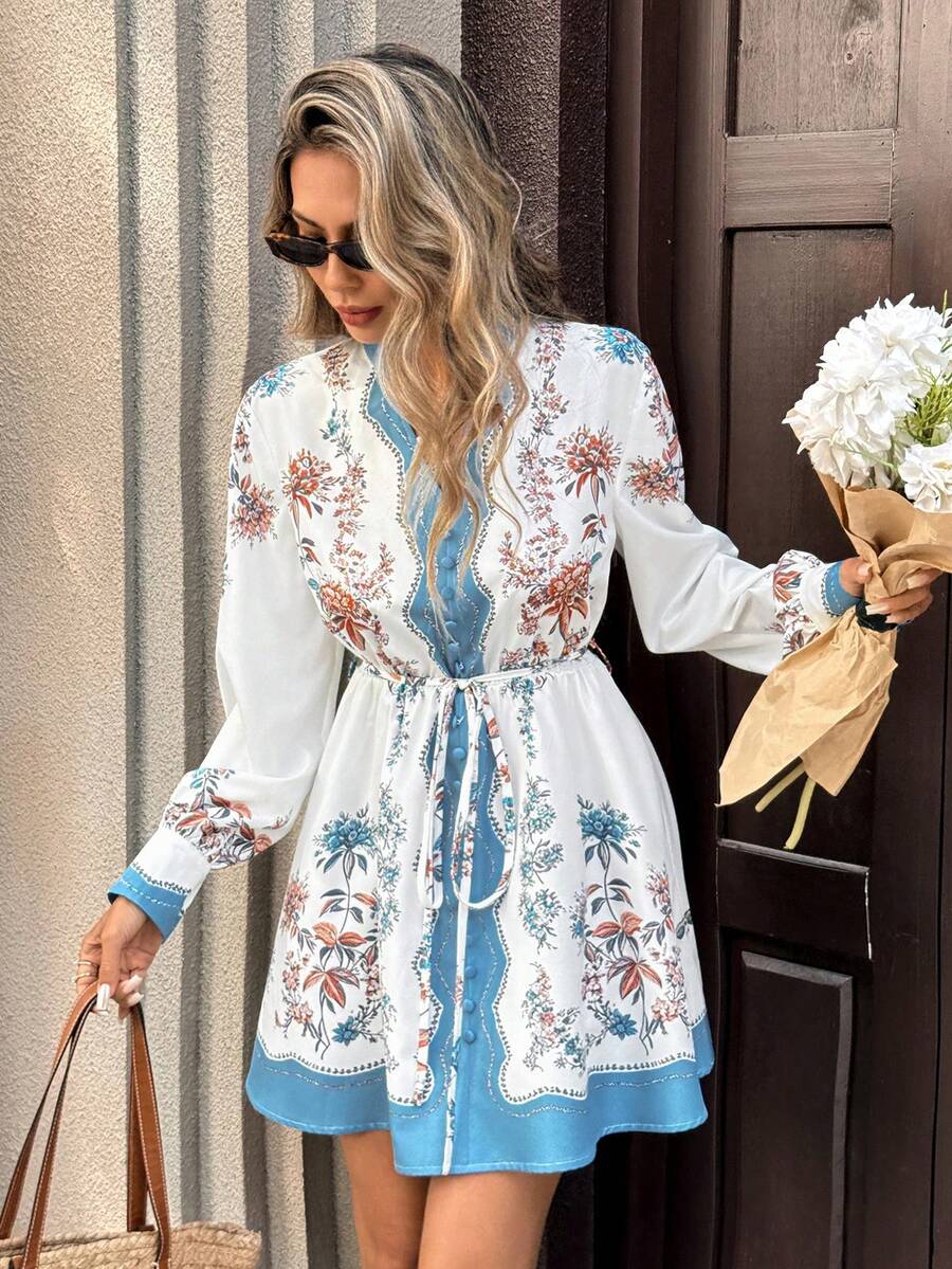 FLORÉA - Long Sleeve Stand Collar A Line Mini Dress