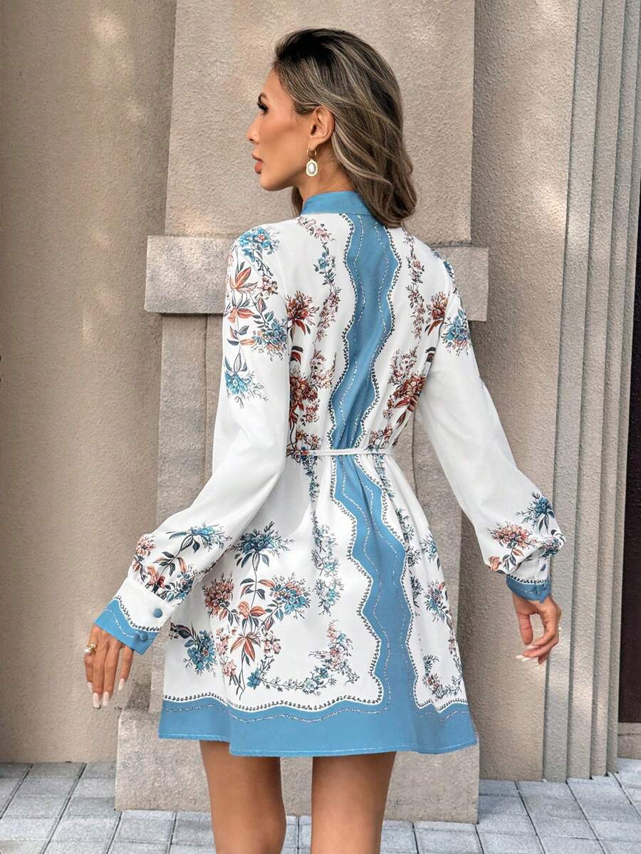 FLORÉA - Long Sleeve Stand Collar A Line Mini Dress