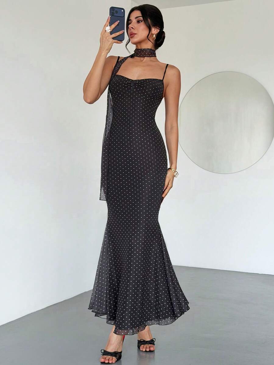 VOLA -Polka Dot Fishtail Maxi Dress