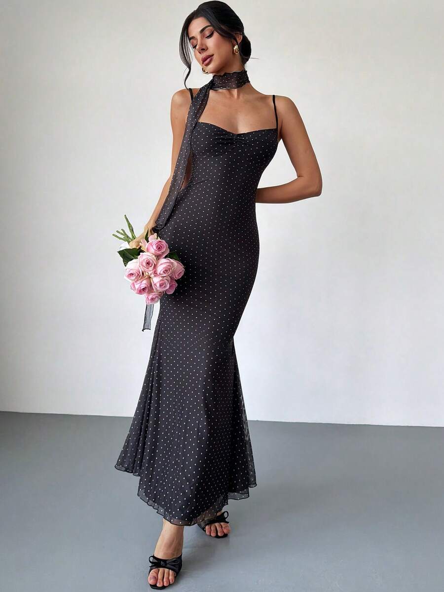 VOLA -Polka Dot Fishtail Maxi Dress