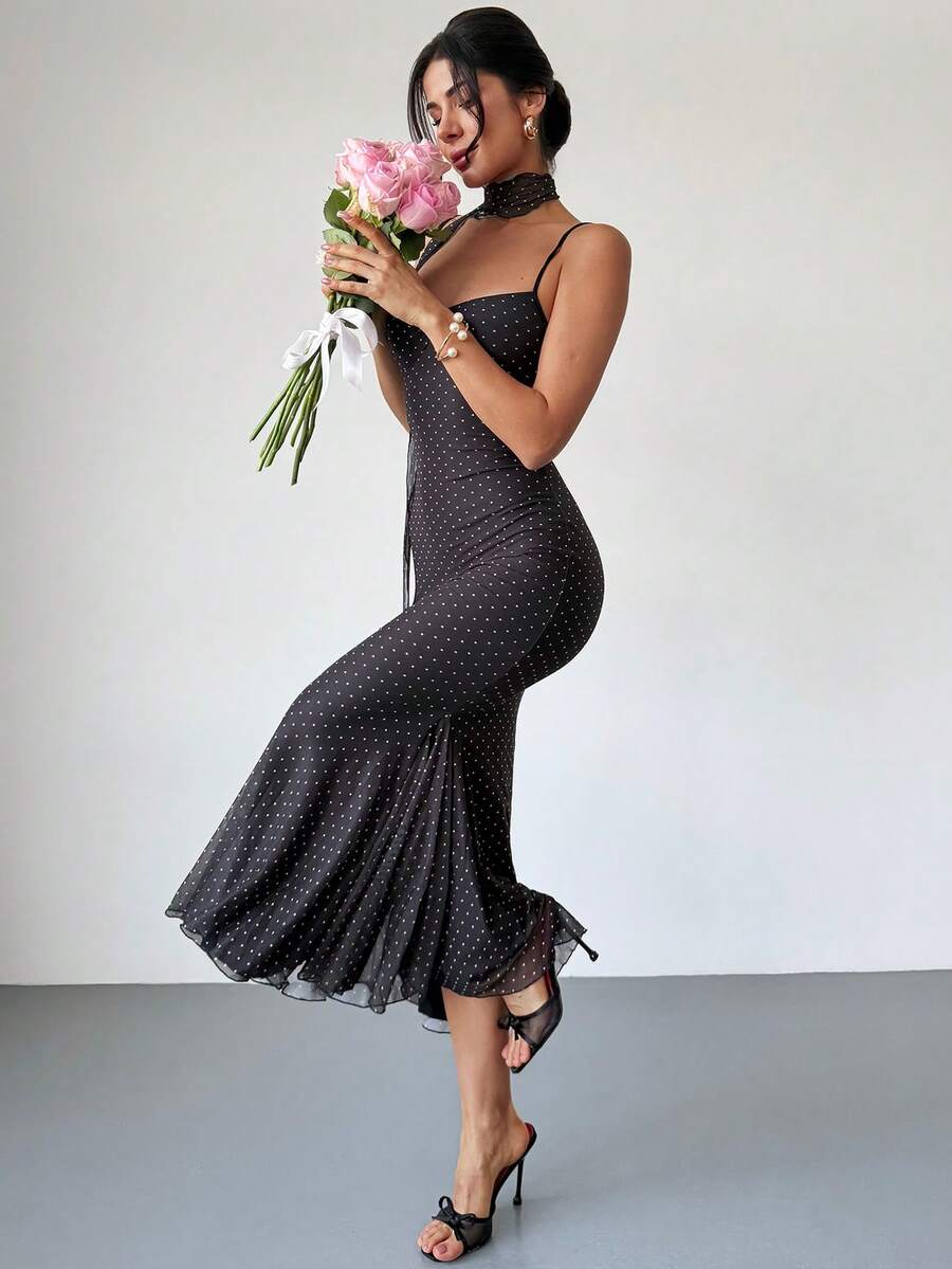 VOLA -Polka Dot Fishtail Maxi Dress