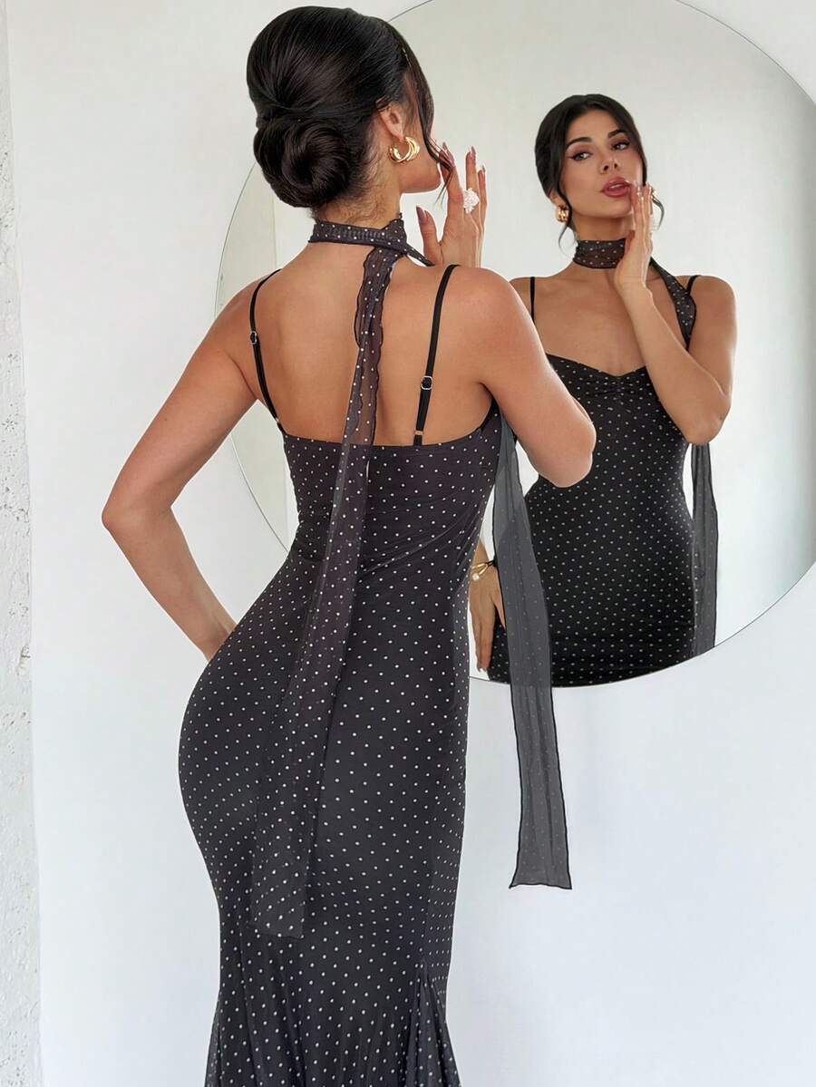 VOLA -Polka Dot Fishtail Maxi Dress