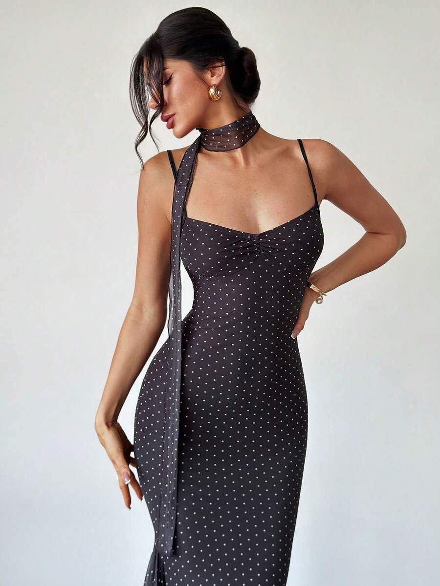 VOLA -Polka Dot Fishtail Maxi Dress