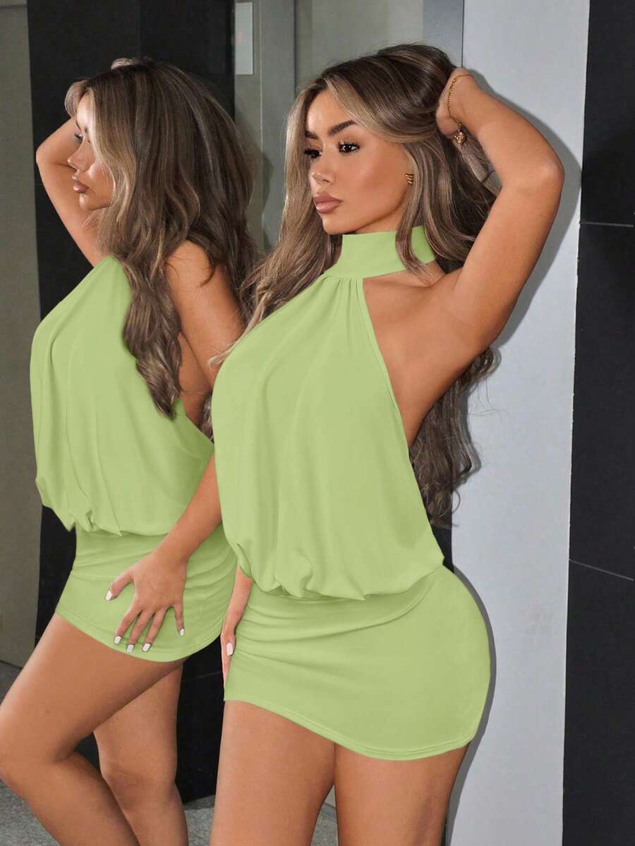 NOMA - High Neck Backless Bodycon Mini Dress Mint Green