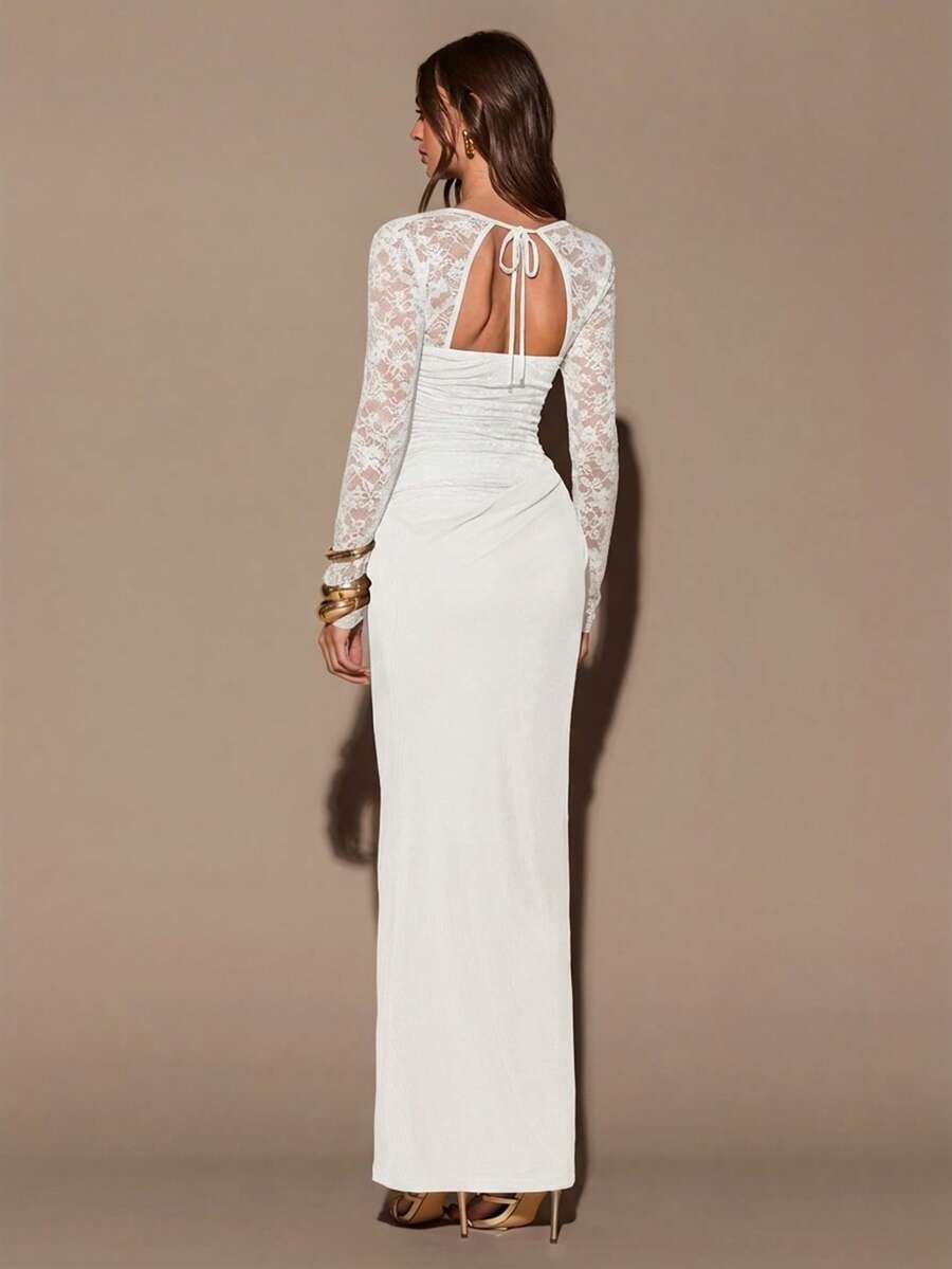 VELUNE - Sweetheart Neck Lace Bodycon Maxi Dress