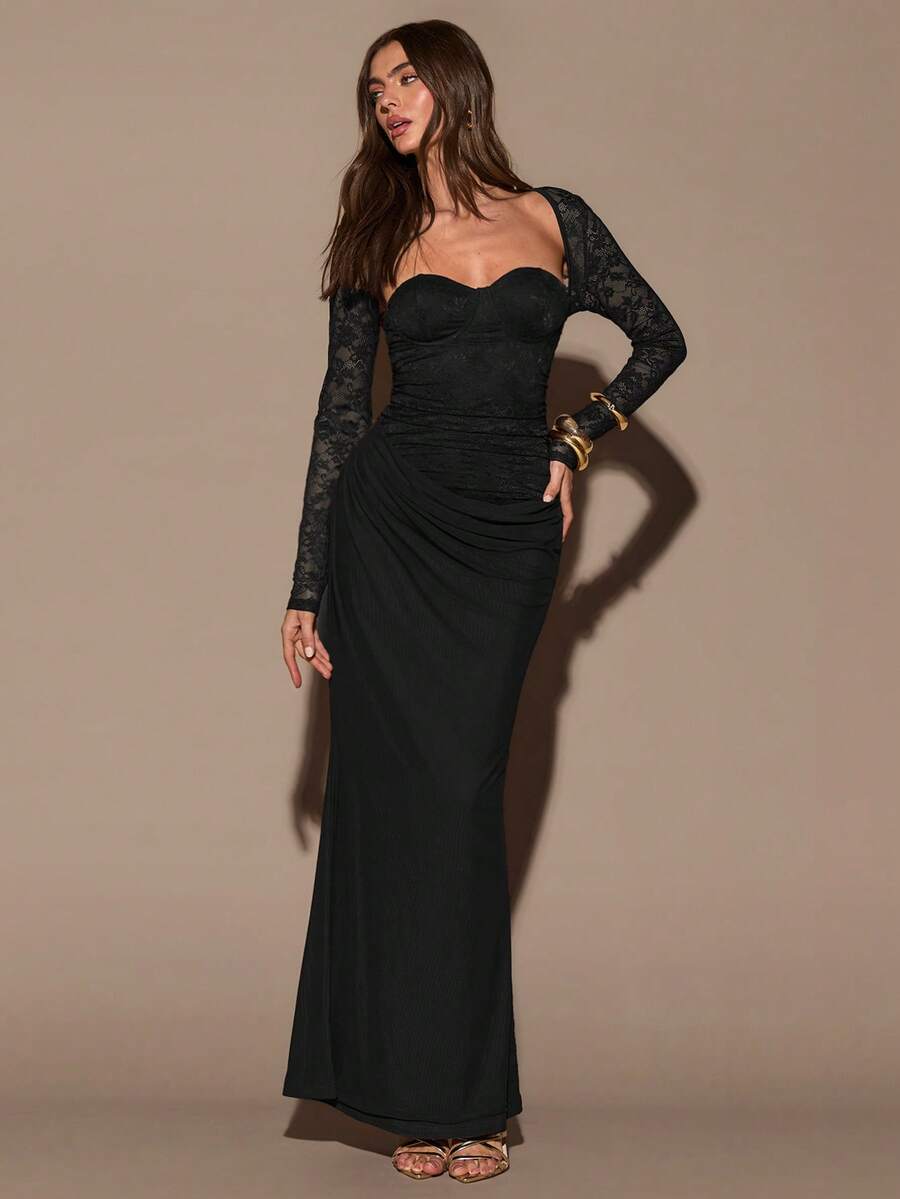 VELUNE - Sweetheart Neck Lace Bodycon Maxi Dress