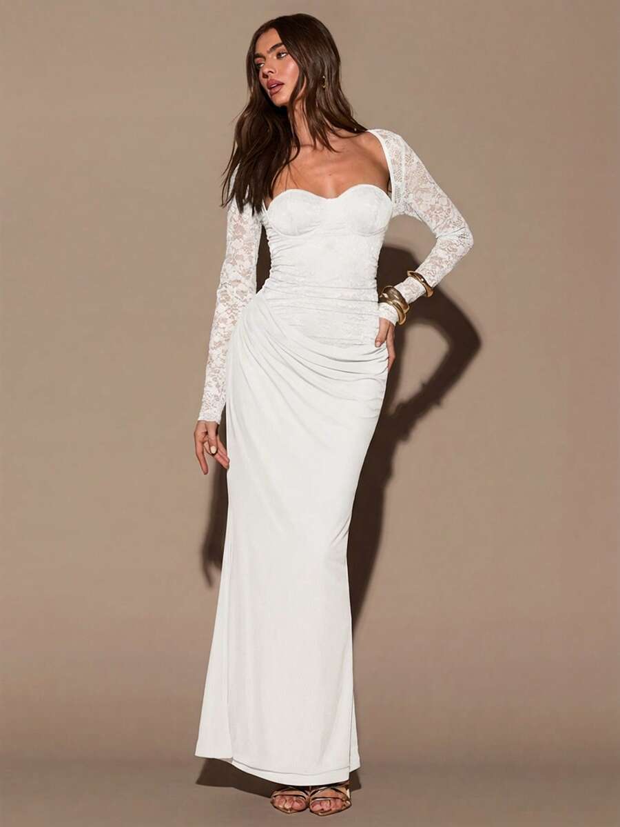 VELUNE - Sweetheart Neck Lace Bodycon Maxi Dress