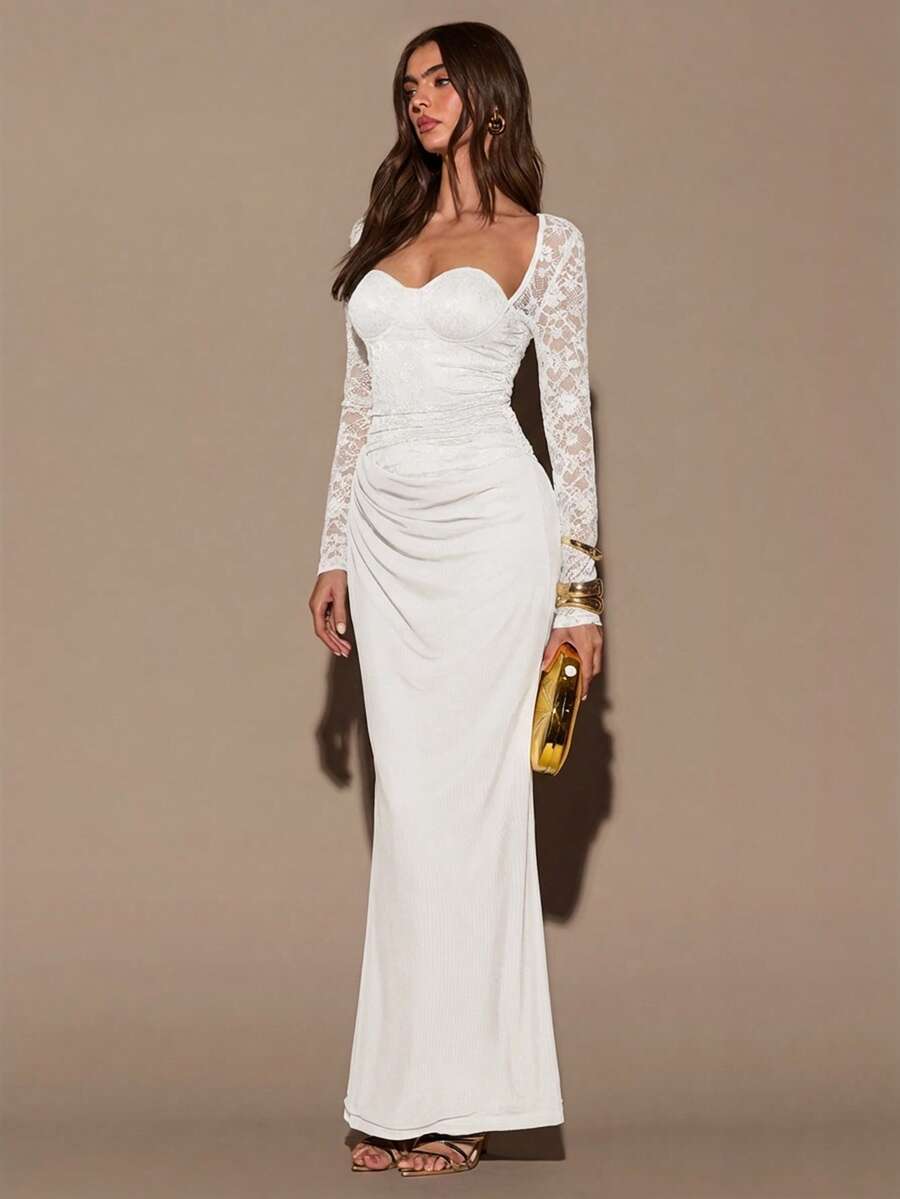 VELUNE - Sweetheart Neck Lace Bodycon Maxi Dress