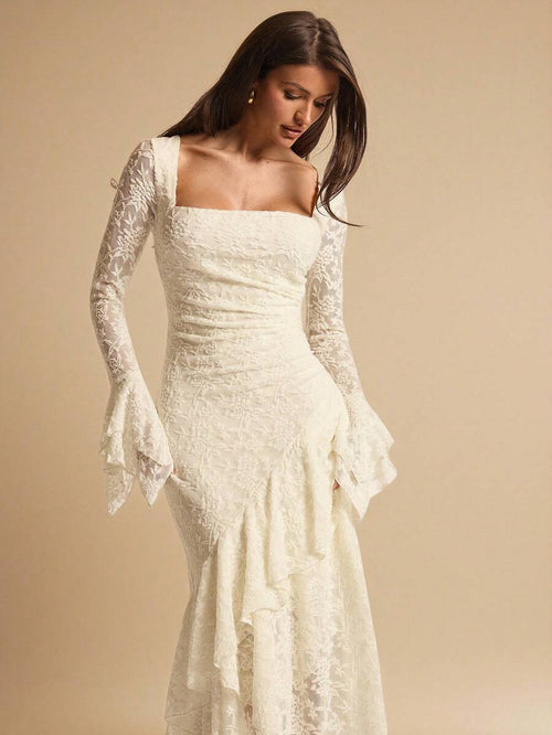 ÉCLORA - Square Neck Ruffle Trim Maxi Dress
