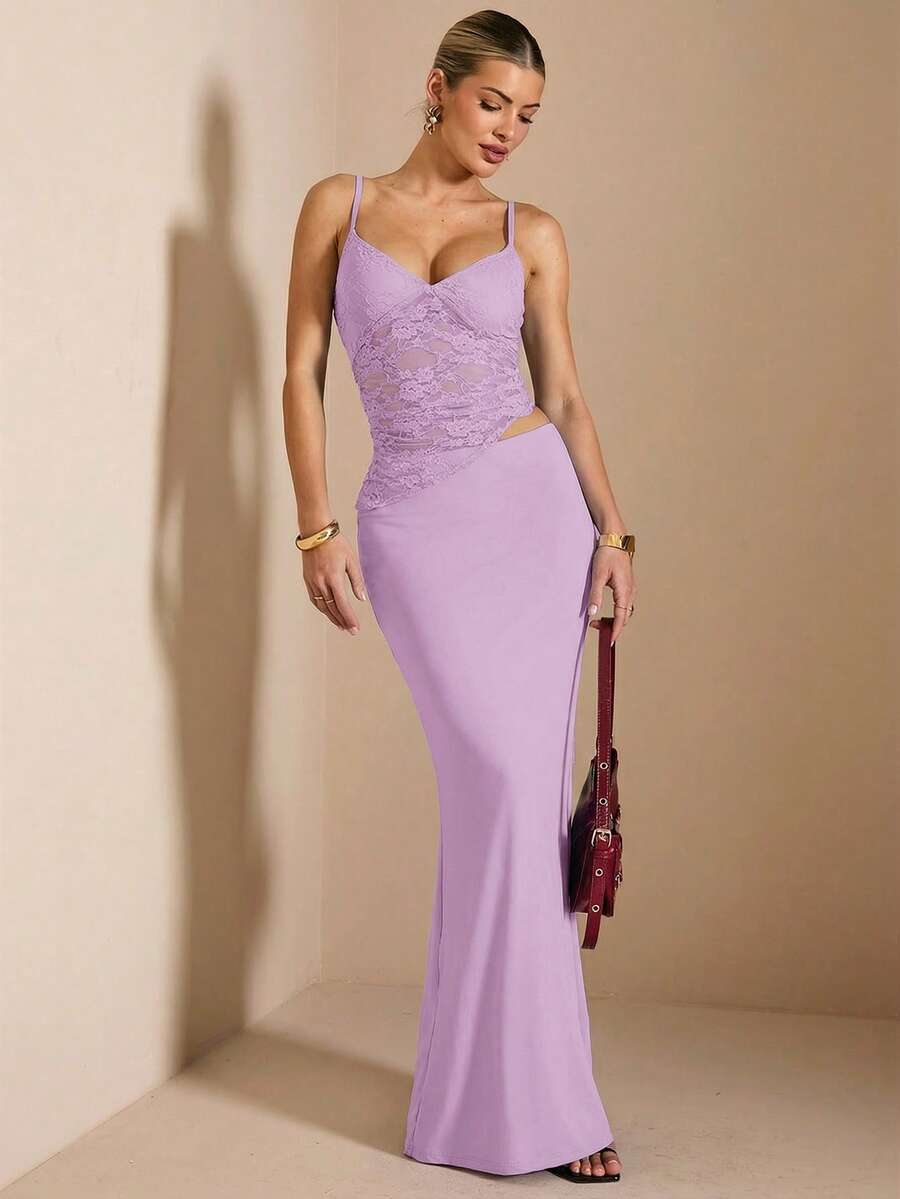 NARILA - Lace Panel Bodycon Maxi Dress Mauve Purple