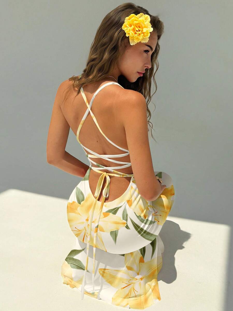 FLORINA - Floral Print Backless Cami Midi Dress