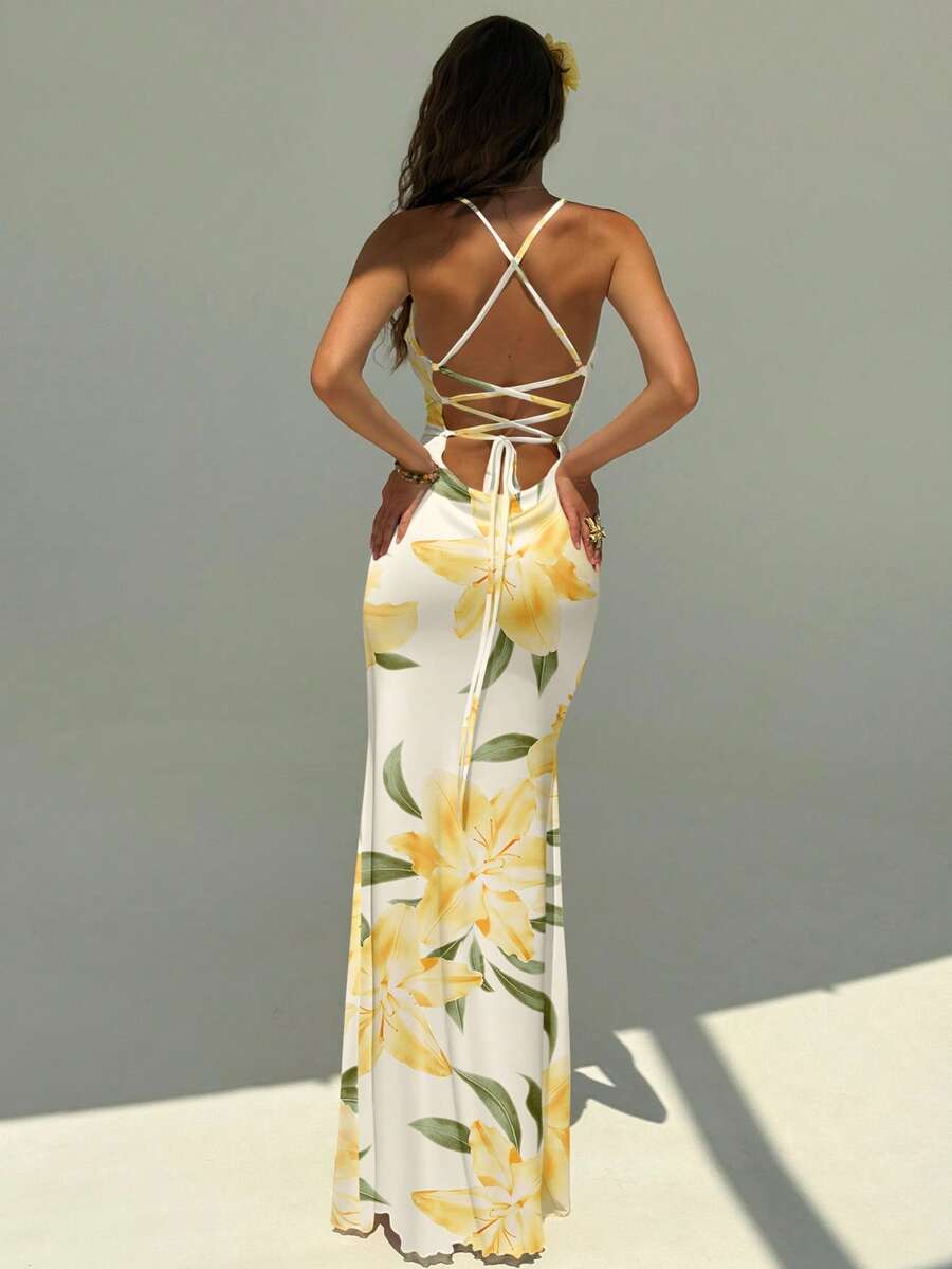 FLORINA - Floral Print Backless Cami Midi Dress
