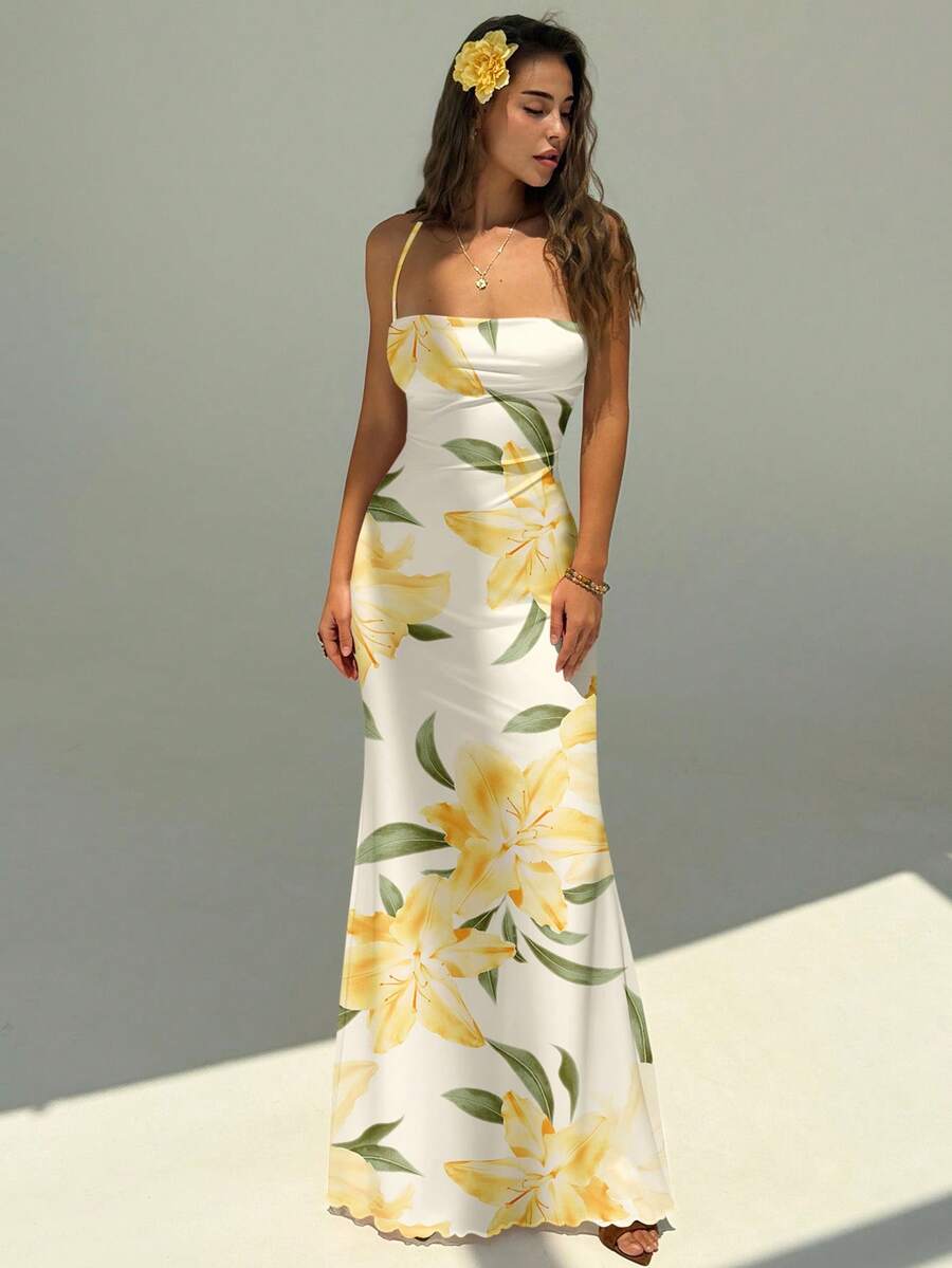 FLORINA - Floral Print Backless Cami Midi Dress
