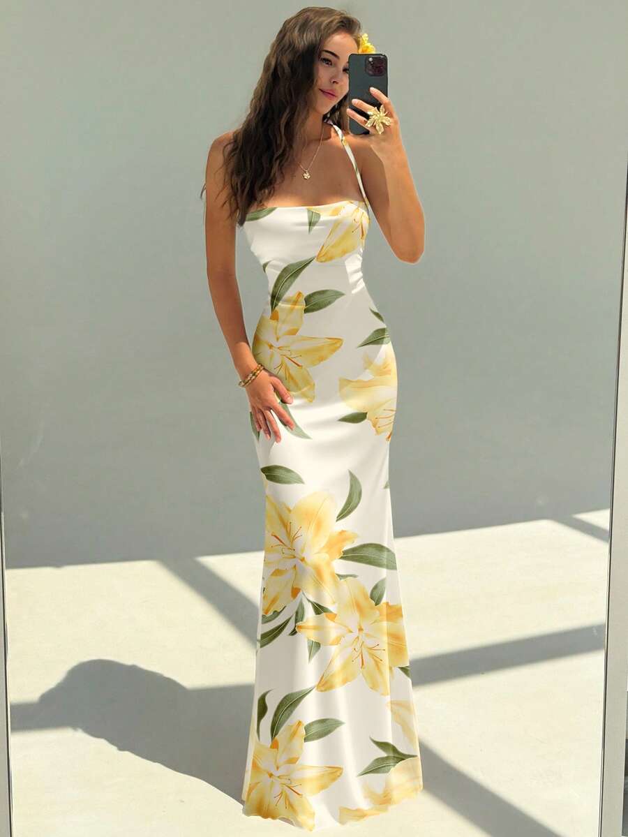 FLORINA - Floral Print Backless Cami Midi Dress