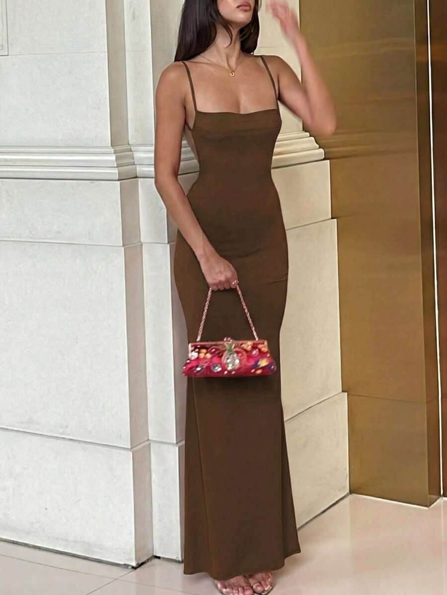 VERDÉ - Maxi Bodycon Slip Dress Brown