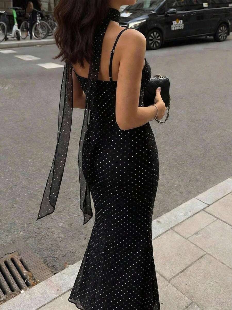VOLA -Polka Dot Fishtail Maxi Dress