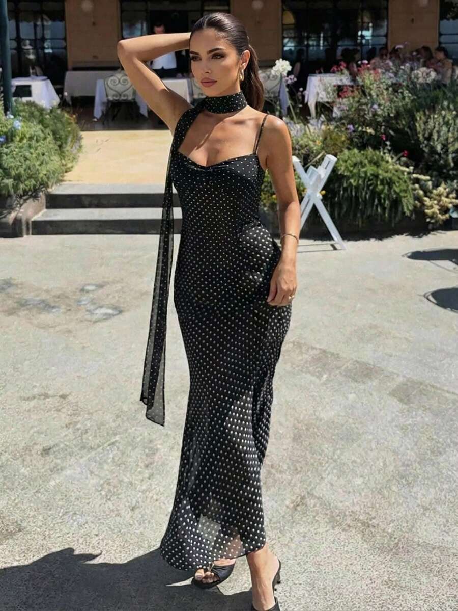 VOLA -Polka Dot Fishtail Maxi Dress Black