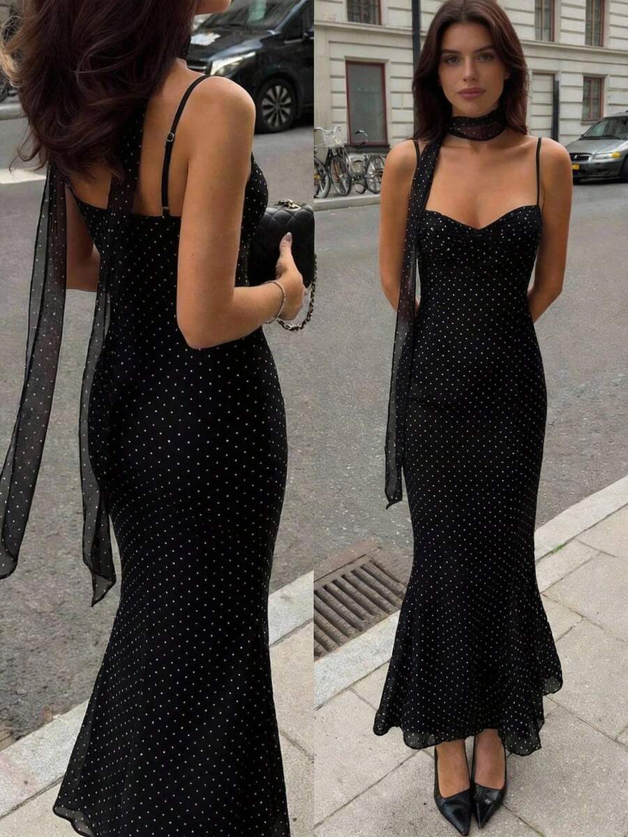 VOLA -Polka Dot Fishtail Maxi Dress
