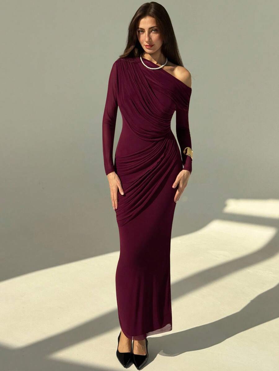 OLVRA - One Shoulder Ruched Mesh Bodycon Maxi Dress Maroon