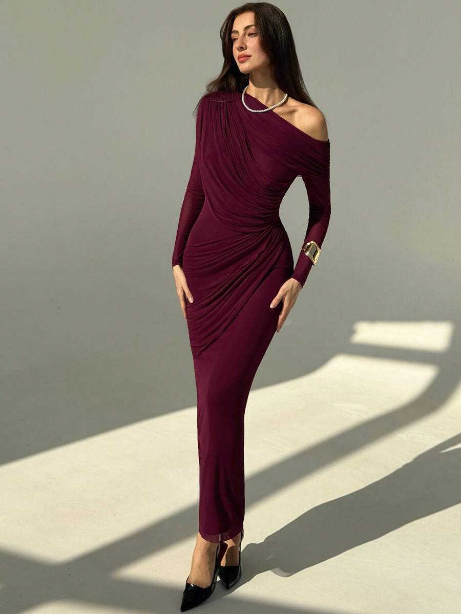 OLVRA - One Shoulder Ruched Mesh Bodycon Maxi Dress