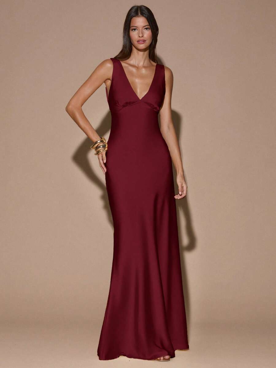 VELOURA - Backless Deep V-Neck Mermaid Maxi Dress Burgundy
