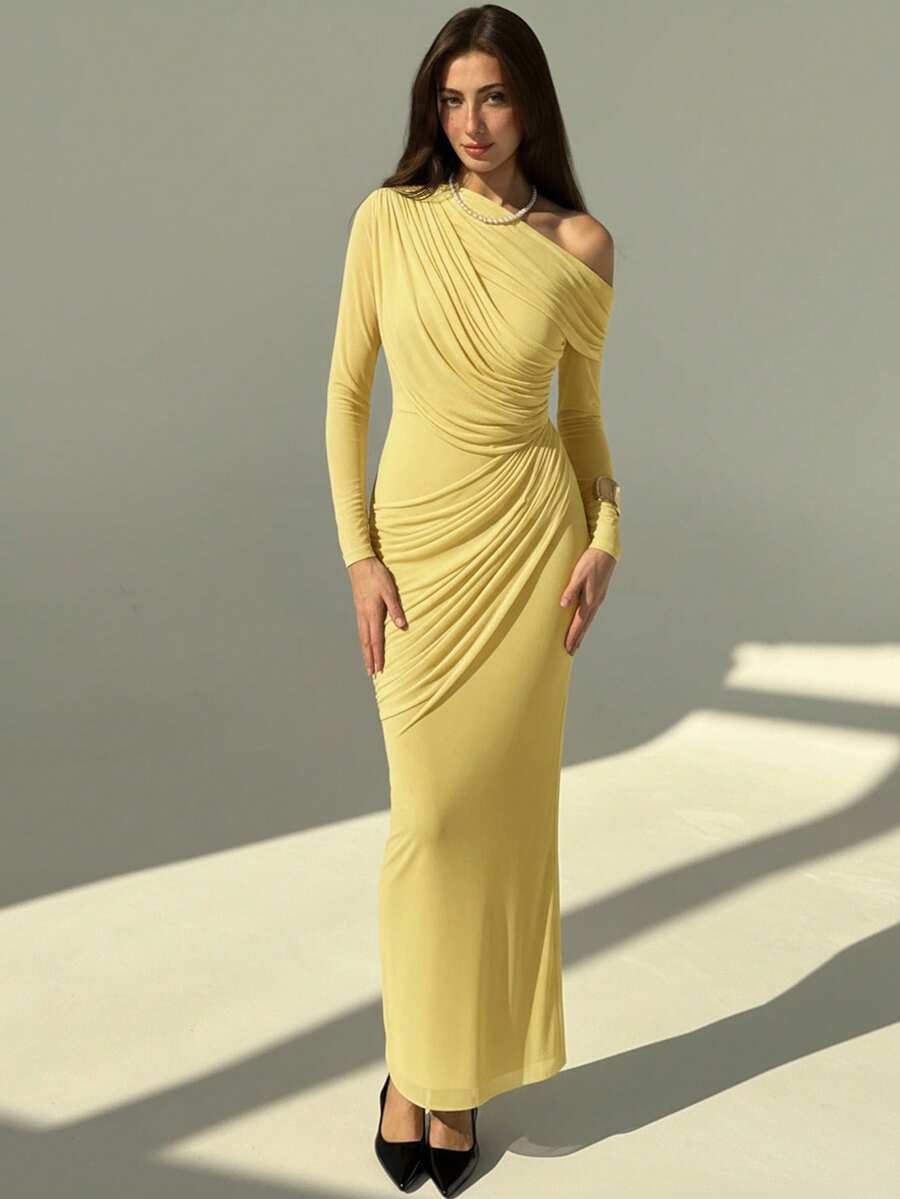 OLVRA - One Shoulder Ruched Mesh Bodycon Maxi Dress Yellow