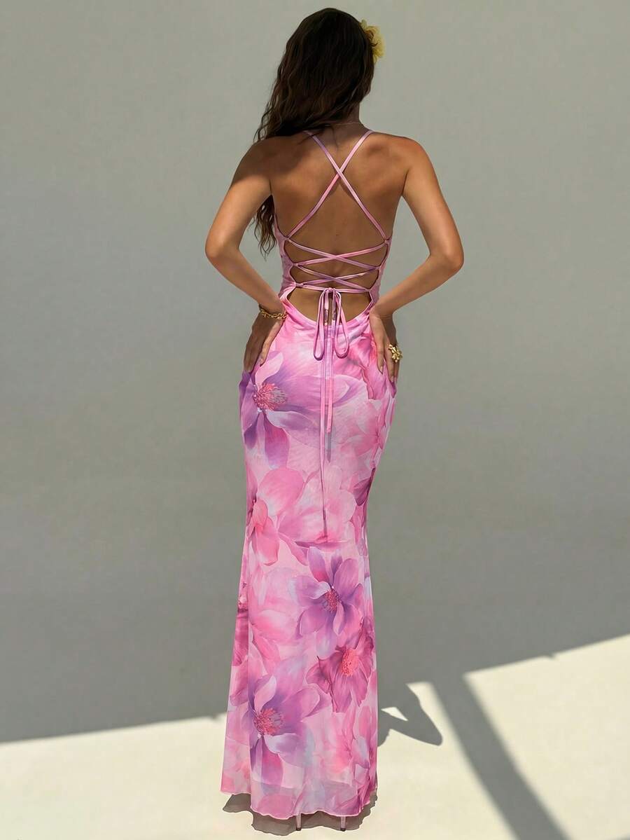 FLORINA - Floral Print Backless Cami Midi Dress
