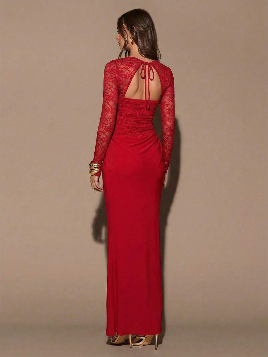 VELUNE - Sweetheart Neck Lace Bodycon Maxi Dress