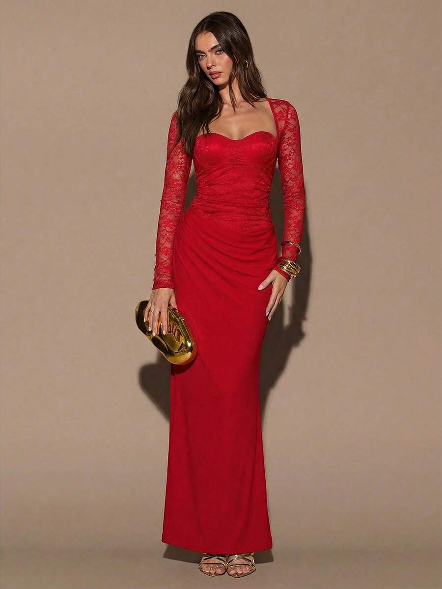 VELUNE - Sweetheart Neck Lace Bodycon Maxi Dress