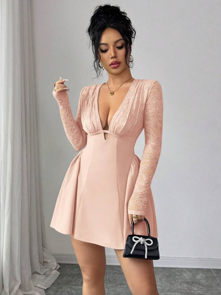 VILA – Deep V-Neck A-Line Mini Dress