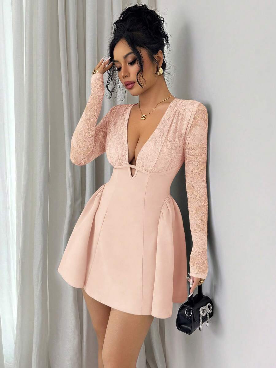VILA – Deep V-Neck A-Line Mini Dress