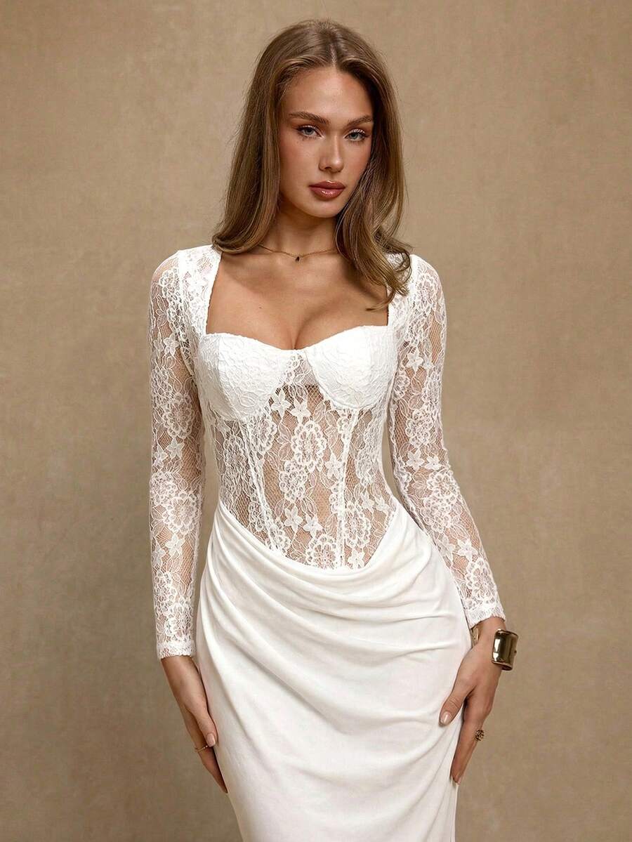 NOIRÉ LACE – Elegant Lace Bodycon Maxi Dress
