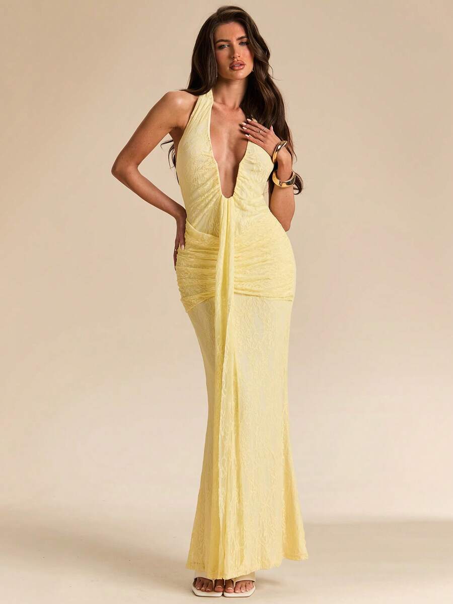 LUMÉA - Deep V Neck Halter Bodycon Maxi Dress