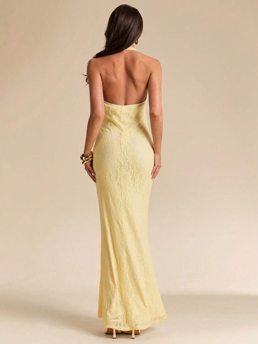 LUMÉA - Deep V Neck Halter Bodycon Maxi Dress
