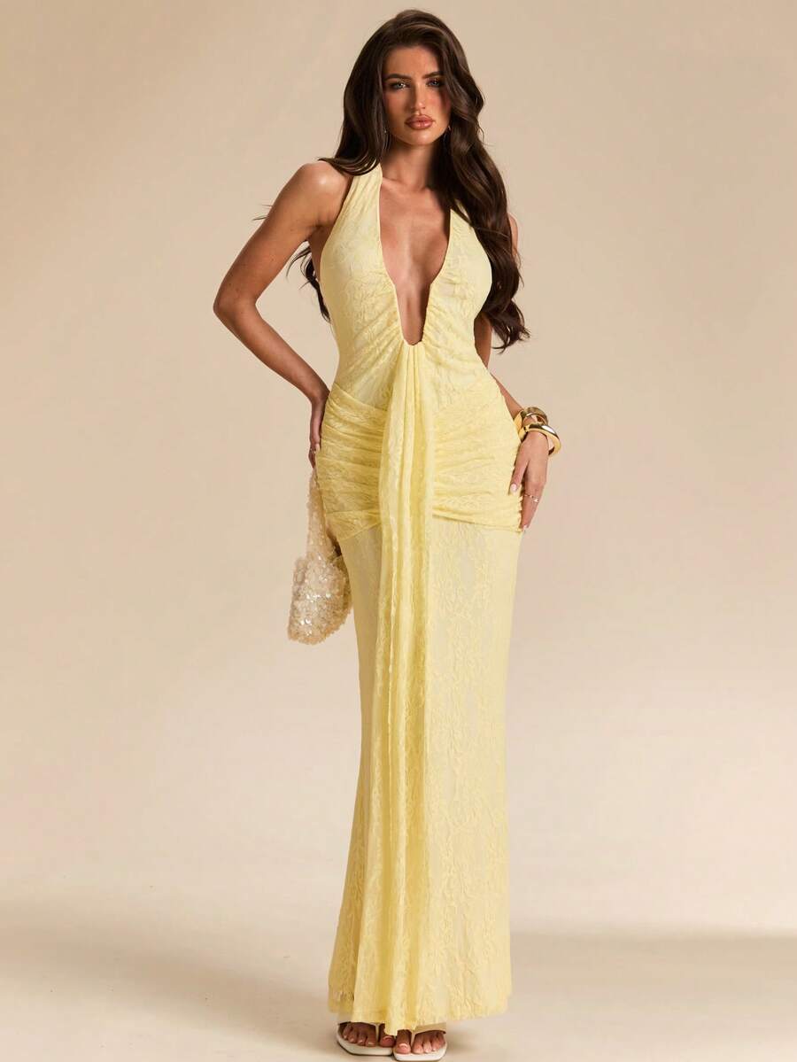 LUMÉA - Deep V Neck Halter Bodycon Maxi Dress