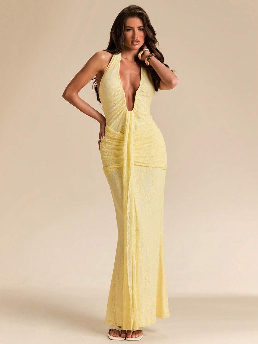 LUMÉA - Deep V Neck Halter Bodycon Maxi Dress