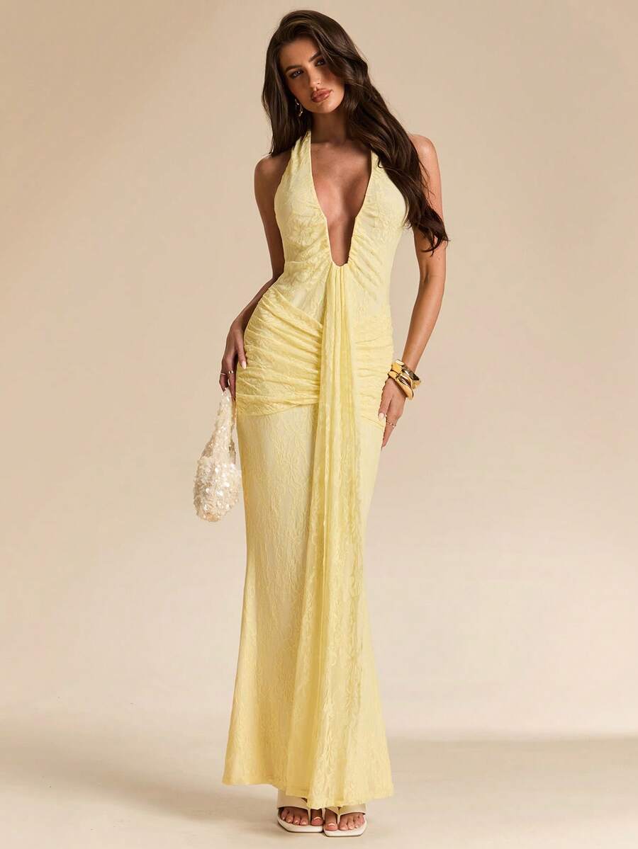 LUMÉA - Deep V Neck Halter Bodycon Maxi Dress
