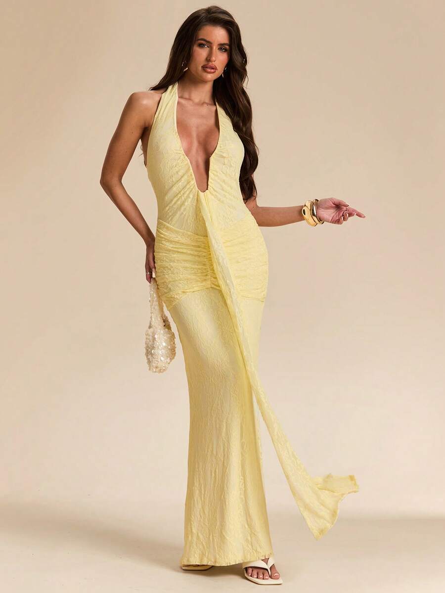 LUMÉA - Deep V Neck Halter Bodycon Maxi Dress