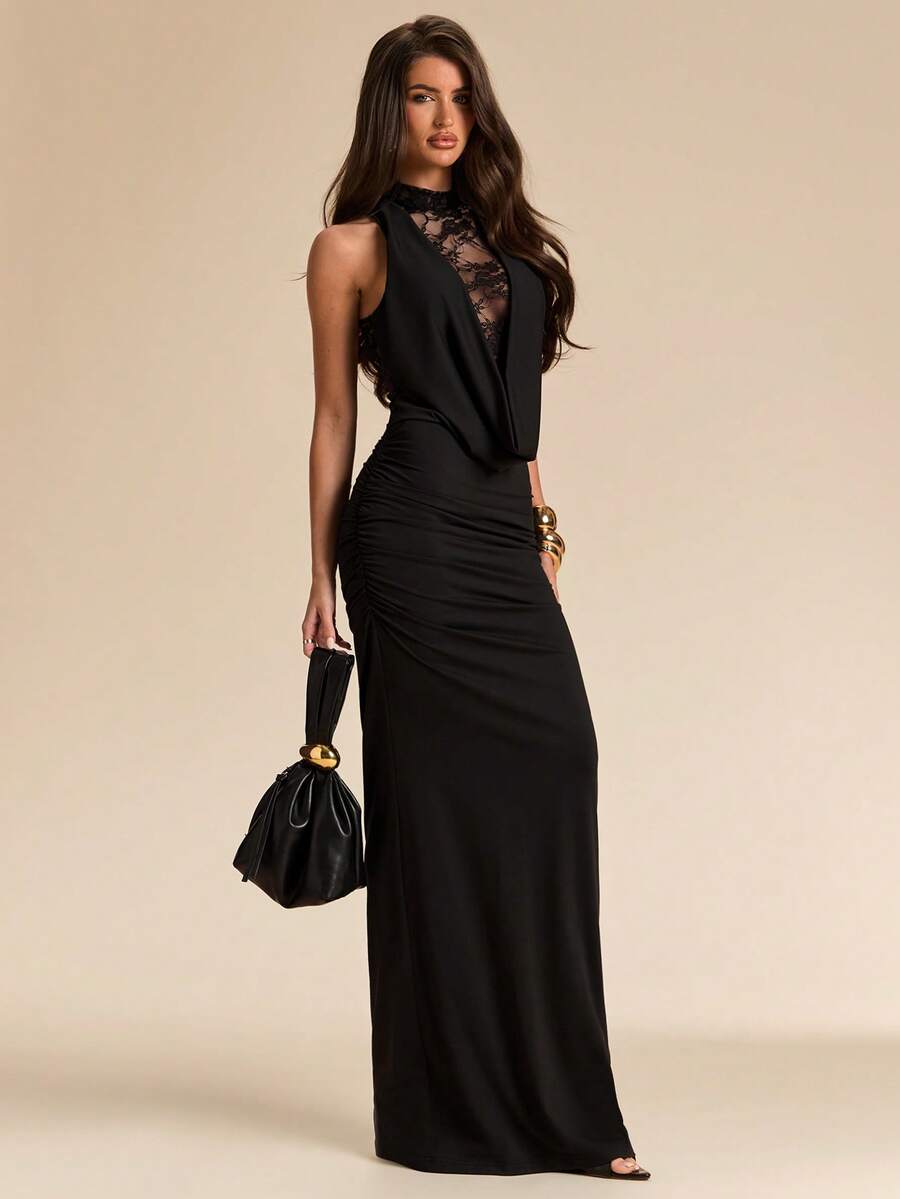 NARU - Lace Plunge Maxi Dress Black
