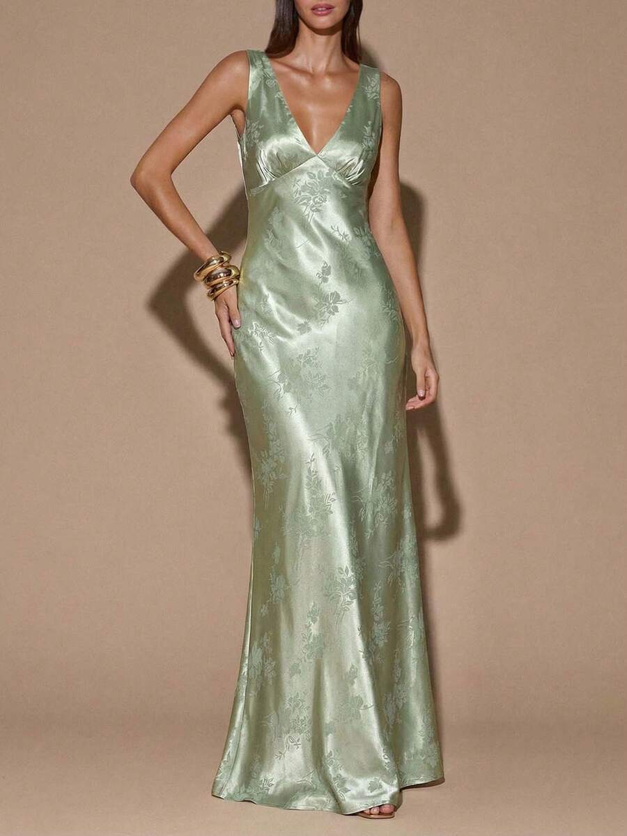 VELOURA - Backless Deep V-Neck Mermaid Maxi Dress Green