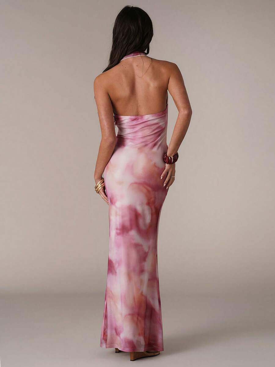 LUMÉA - Deep V Neck Halter Bodycon Maxi Dress