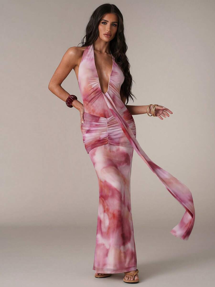 LUMÉA - Deep V Neck Halter Bodycon Maxi Dress