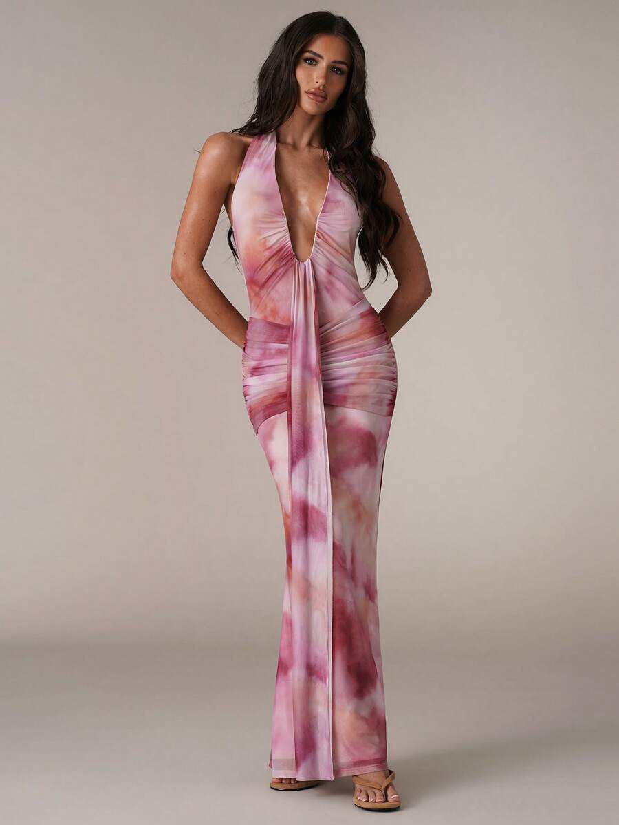 LUMÉA - Deep V Neck Halter Bodycon Maxi Dress