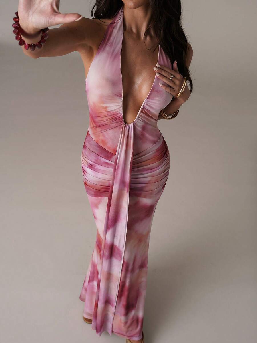 LUMÉA - Deep V Neck Halter Bodycon Maxi Dress
