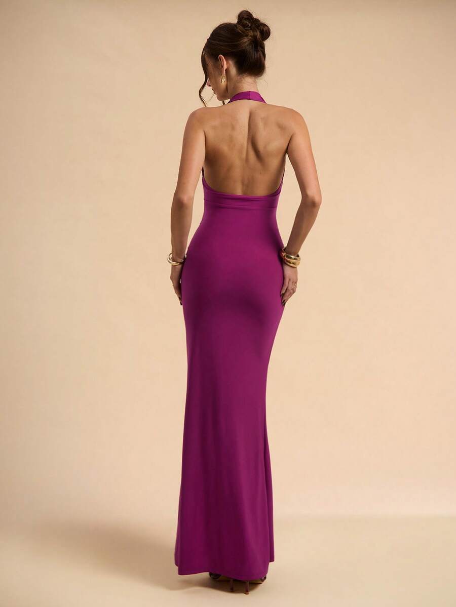 LUMÉA - Deep V Neck Halter Bodycon Maxi Dress