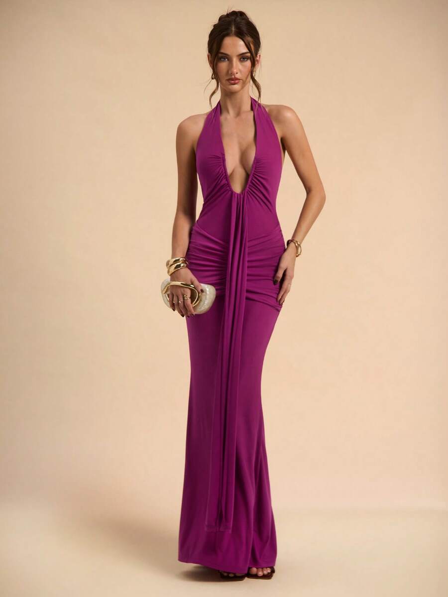 LUMÉA - Deep V Neck Halter Bodycon Maxi Dress