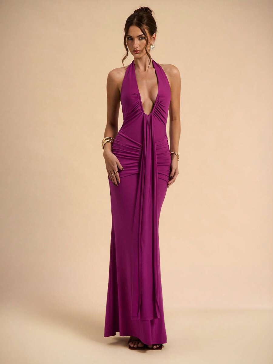 LUMÉA - Deep V Neck Halter Bodycon Maxi Dress